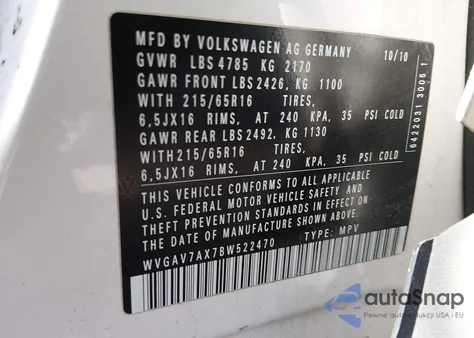 2011 Volkswagen Tiguan S z USA, uszkodzony, nr VIN WVGAV7AX7BW522470